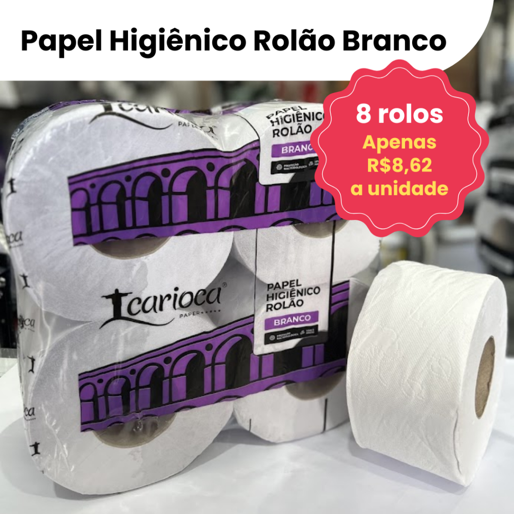 8 un Papel Higiênico Rolão Branco Carioca | Dispenser Restaurante Academia Bar Clínica Shopping