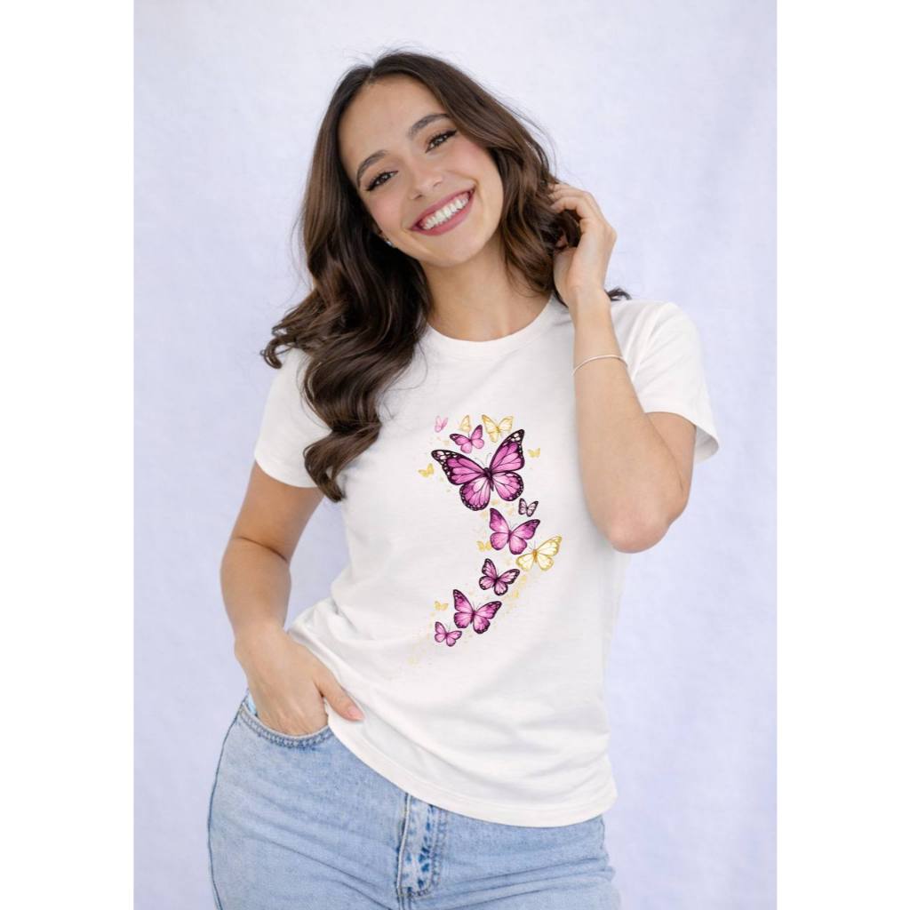 Camiseta Feminina Borboletas Rosa Estampada | T-shirt Casual Delicada Estilosa Algodão Gold