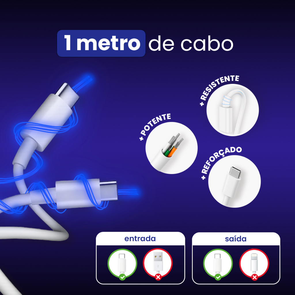 Cabo iPhone Tipo C Lightning 1m Turbo Rápido Certificado 6 ao 14 Pro Max — imagem 2 de 2