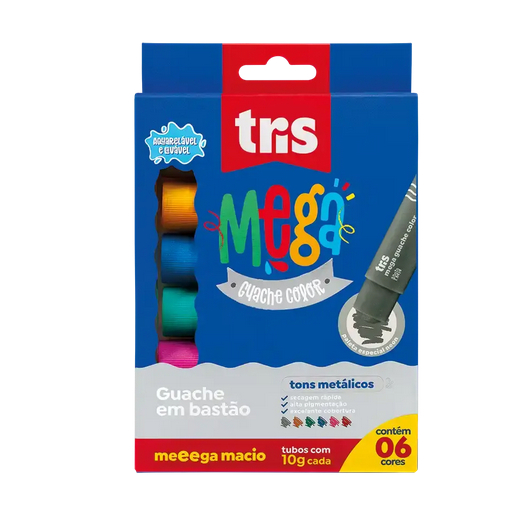 🎨 Guache em Bastão Mega Guache Color 6 Cores Metálicas Tris Arte Escolar Papelaria Pintura