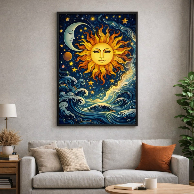 Imagem Quadro Decorativo Sol e Lua Místico | Arte Celestial | Decoração Espiritual Moderna