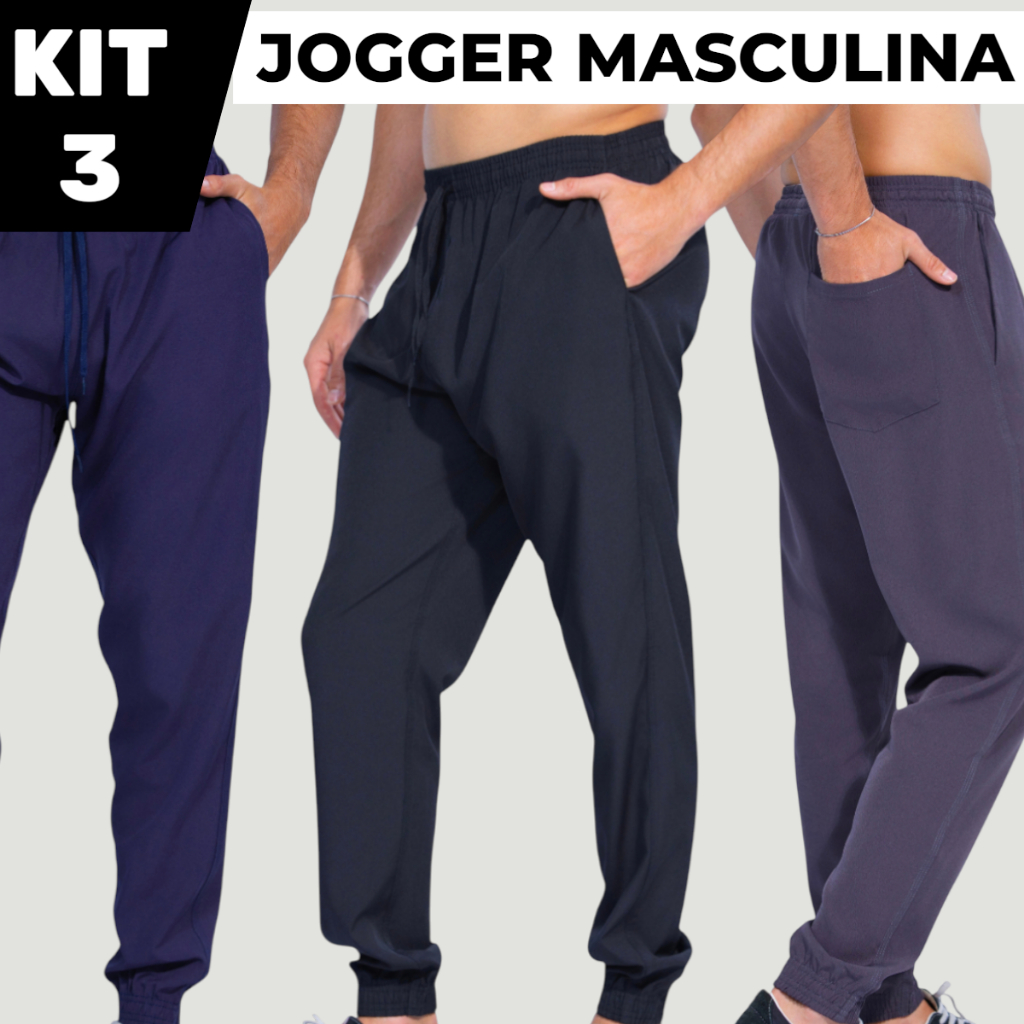 Kit 3 Calças Jogger Masculinas Tactel Elastano Cós Elástico Secagem Rápida Academia Corrida P ao GG