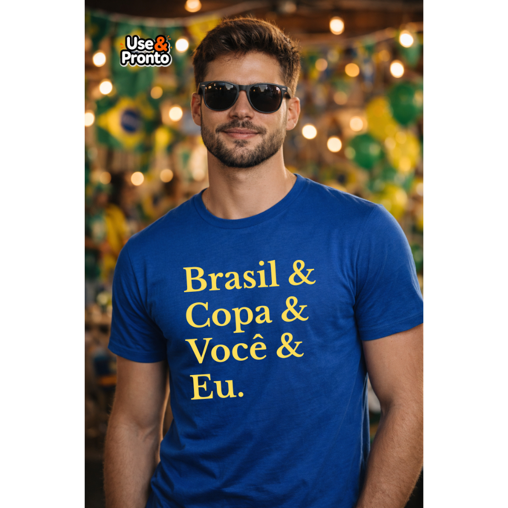 Camiseta Algodão Masculina Brasil Copa do Mundo Você e Eu Azul Torcida Futebol Unissex