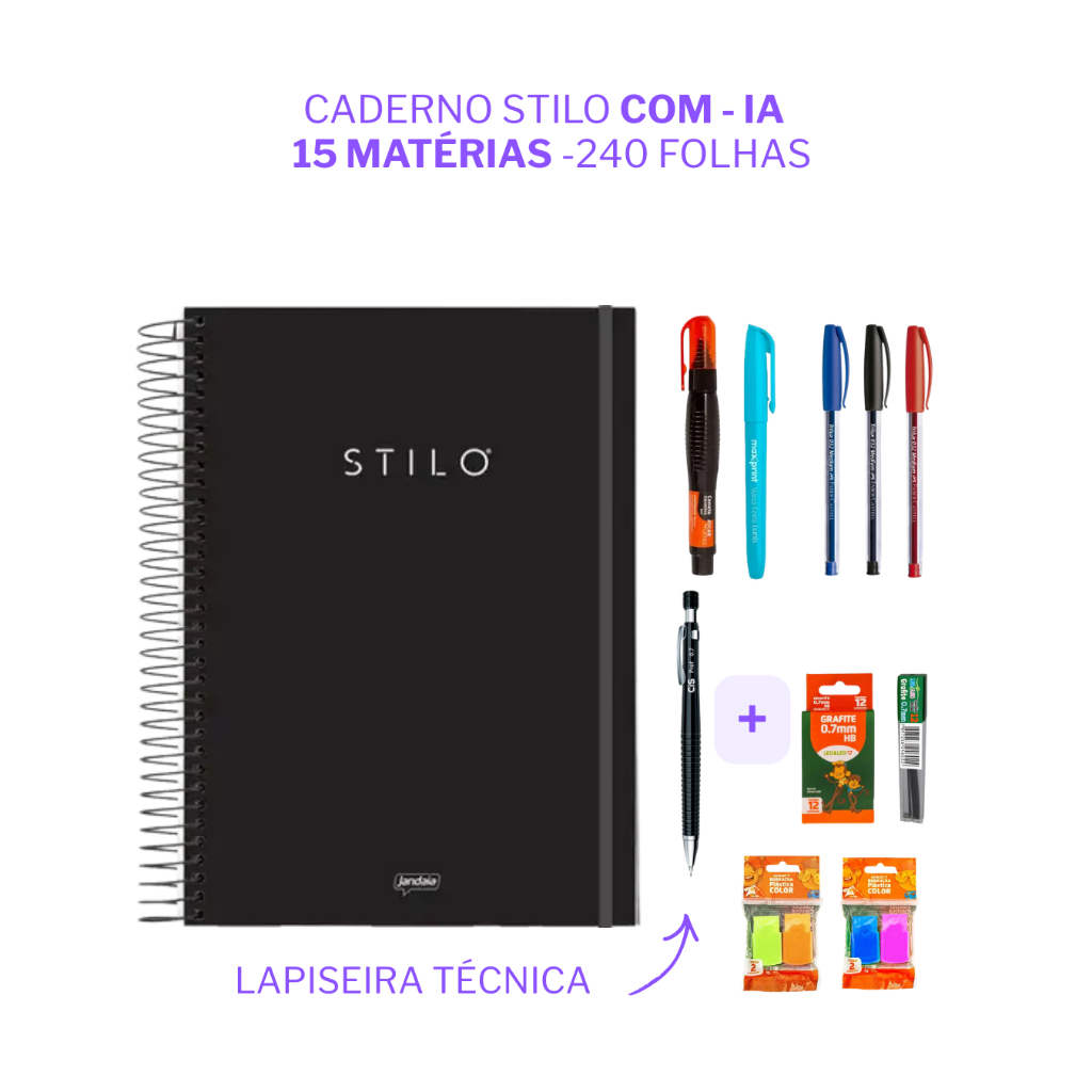 KIT MATERIAL ESCOLAR CADERNO STILO COM IA - VOLTA ÀS AULAS - BÁSICO