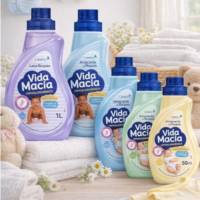 Lava roupas e amaciantes Vida Macia, erva doce, lavanda, camomila, algodão, amêndoas 1L e 500ml
