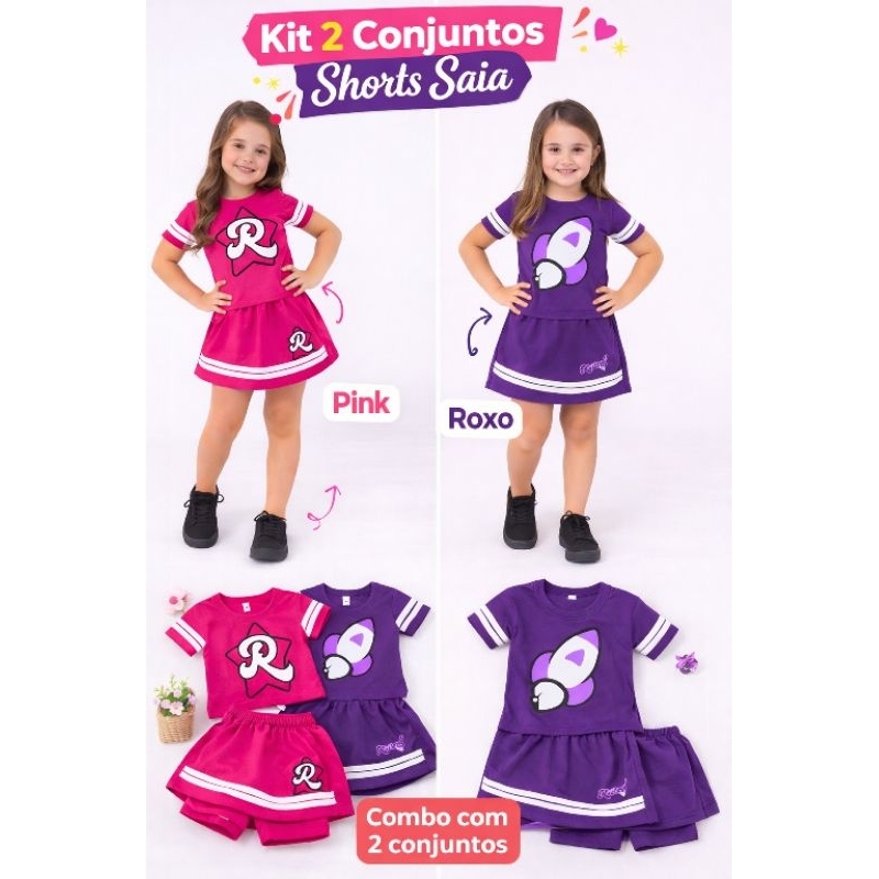 Kit 2 Conjuntos Juvenil Emilly Vick Cropped e Shorts saia Visconlycra Menina 4 ao 16 (Pink & Roxo) em Oferta na Shopee
