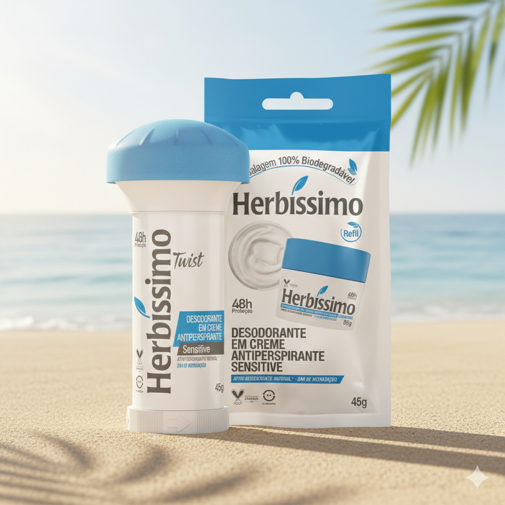 Kit 2 itens - Desodorante Creme Antitranspirante Herbíssimo | Twist + Sachê Refil | Sensitive 45g em Oferta na Shopee