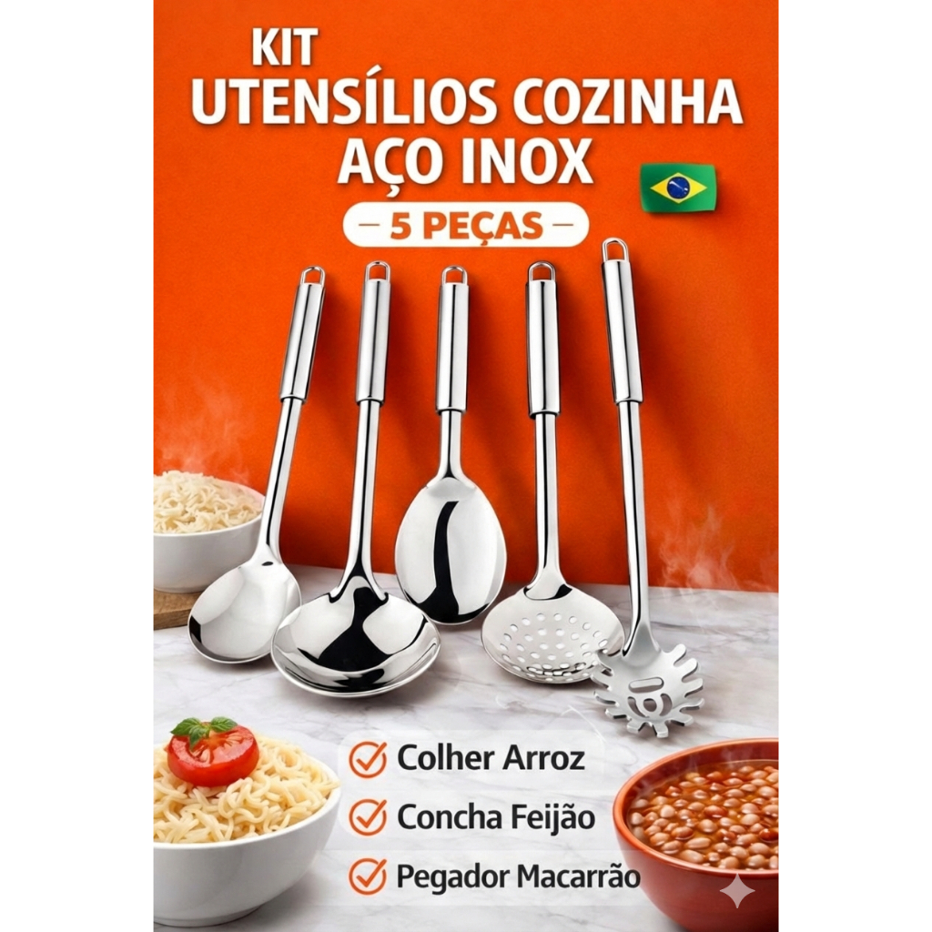 Kit Utensilios Para Cozinha 5 Pecas Aco Inox em Oferta na Shopee