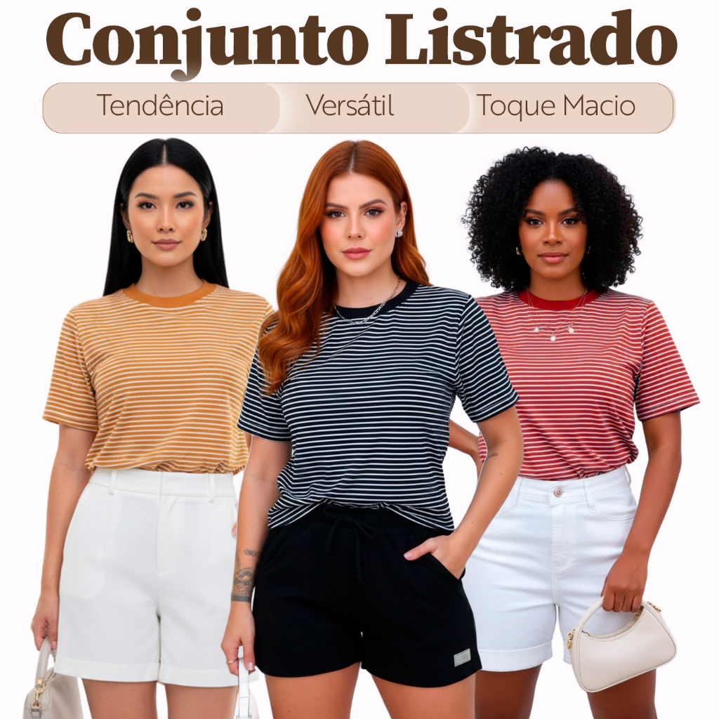Conjunto Oversized Listrado Feminino Despojado (1 T-shirt + 1 Shorts) Moda Casual Despojada Elegante