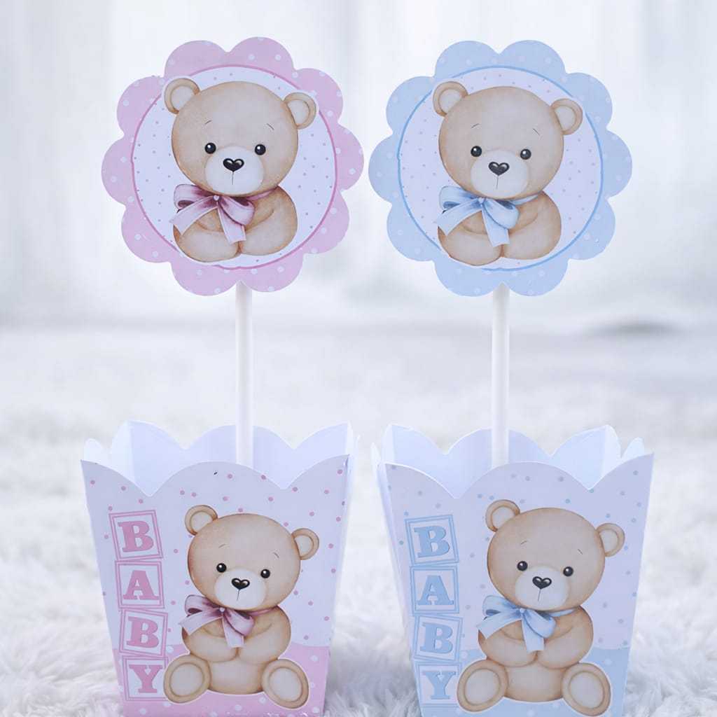 Centro de Mesa Ursinho Baby Chá Revelação Pegue e Monte Decoração Festa Infantil Menino e Menina