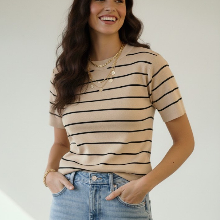 BLUSA FEMININA MANGA CURTA LISTRADA TRICOT MODAL ROUPA ESTILOSA TENDENCIA 2026