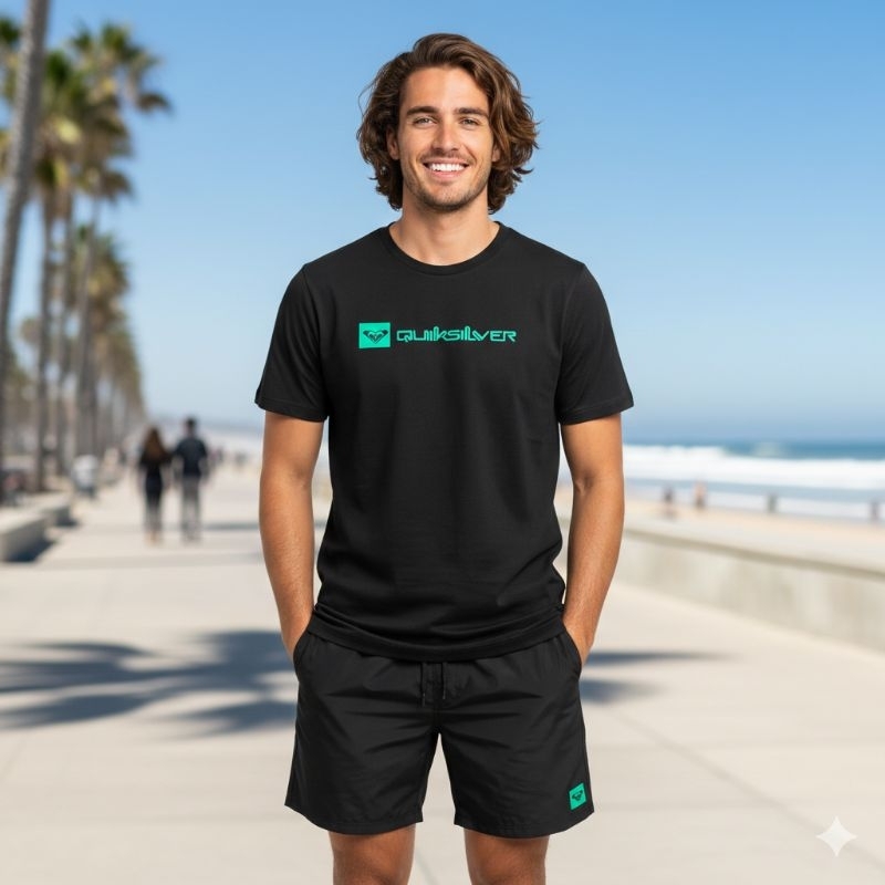 Camiseta com Short Masculino Quiksilver Conjunto Camiseta 100% Algodão Short Tactel Lançamento