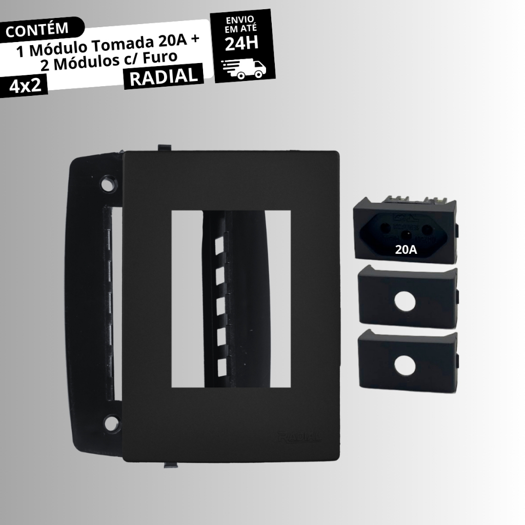 Espelho (Placa) 4x2 c/ 1 Módulo Tomada 20A + 2 Módulos c/ Furo Linha Ouro Preto Fosco RADIAL