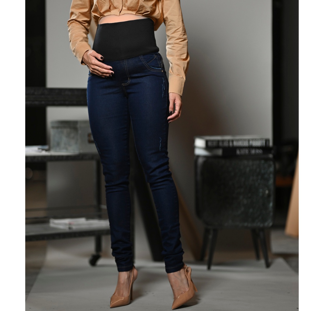 Calça Jeans Gestante Cintura Alta – Confortável, Ajustável e Modelagem Skinny em Oferta na Shopee