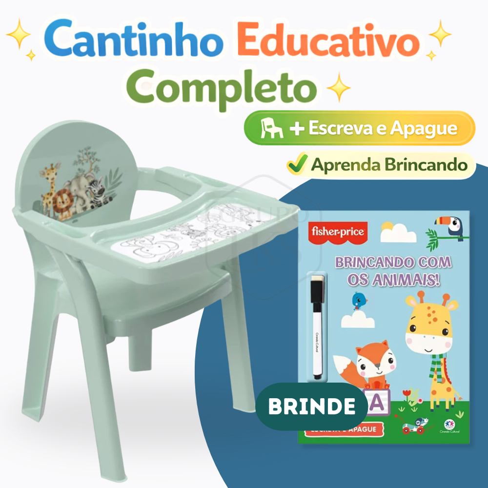 Cadeira de Alimentação com Bandeja Plasútil Infantil Safari + Livro Educativo Escreva e Apague