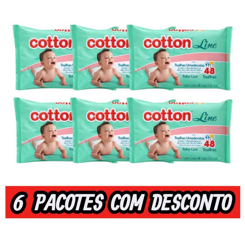 Kit Lenço Umedecido Cotton Line Baby Care 48 Toalhas - 6 Pacotes