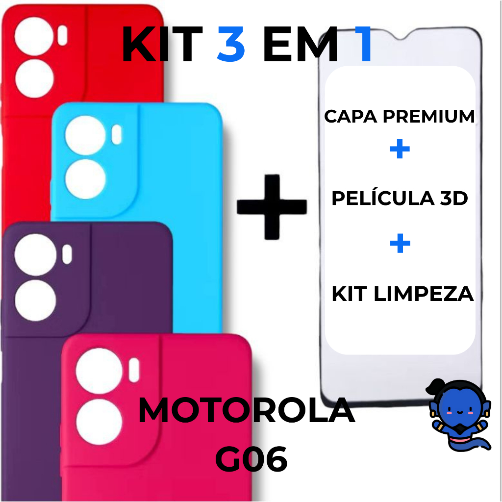 Kit Completo Para Motorola Moto G06 Capa Capinha Anti-Impacto + Película de Vidro 3D Motorola G06 4G