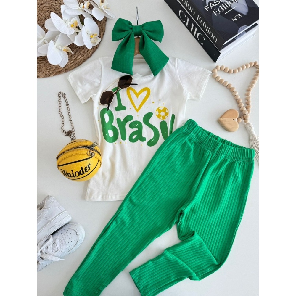 Conjunto Infantil Feminino Brasil Camiseta Estampada + Calça Canelada Confortável Moda Kids