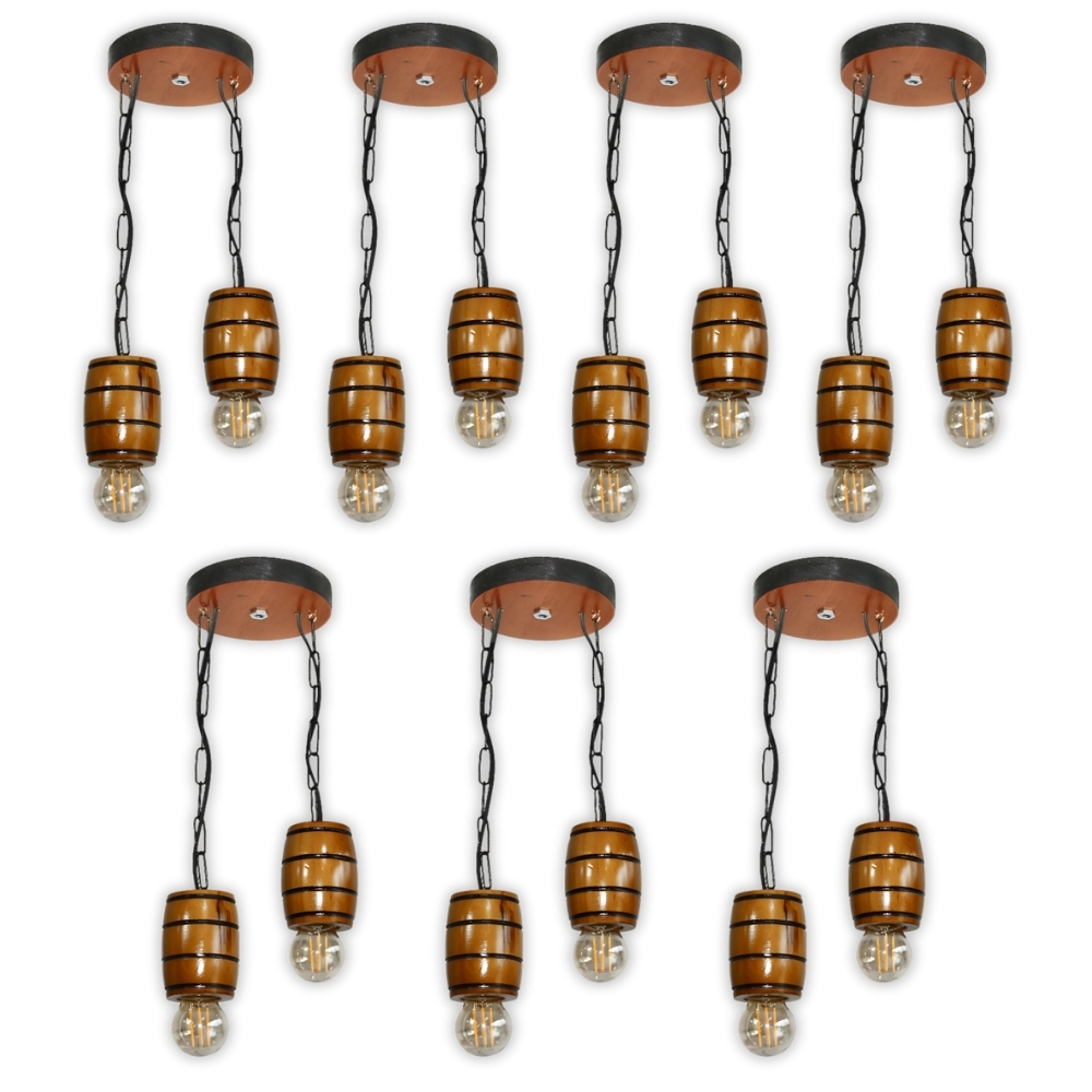 Kit 7 Luminária Pendente Lustre Rústico Vintage Colonial em Madeira Maciça Modelo Barril - Cerejeira