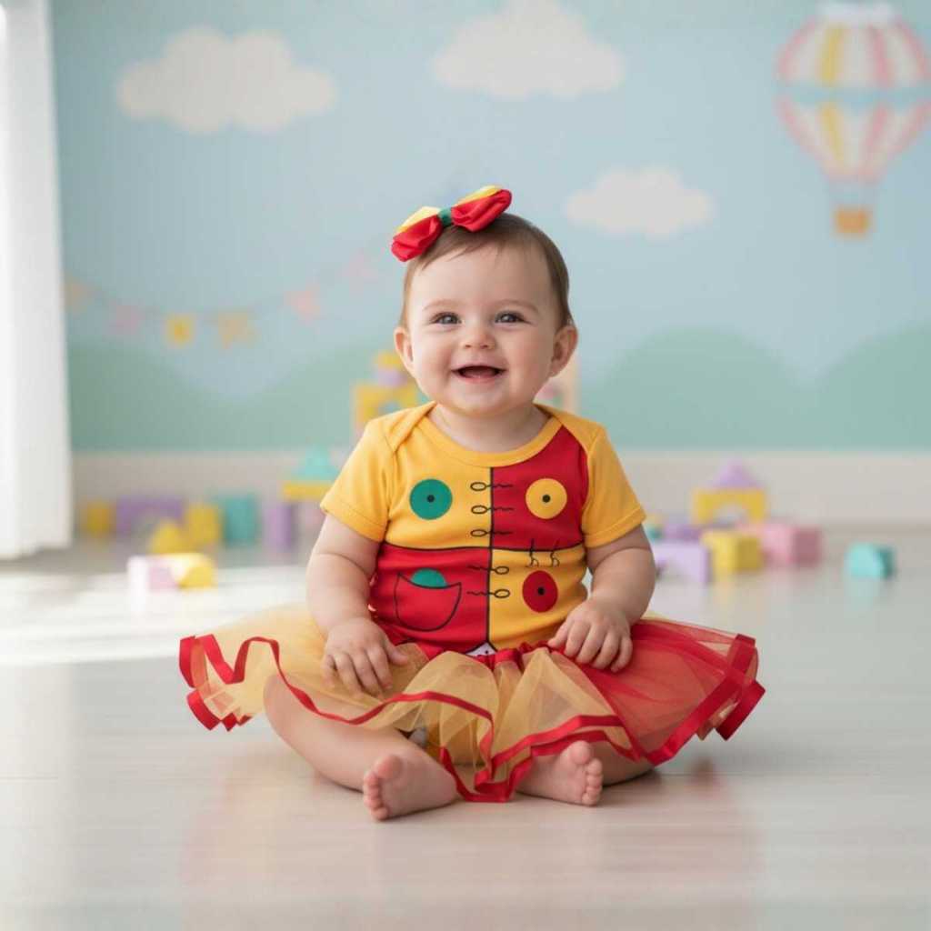 Body Bodie Fantasia Bebe Boneca Emilia Peruca Laço Saia Sitio do Pica Pau Amarelo Mêsversário