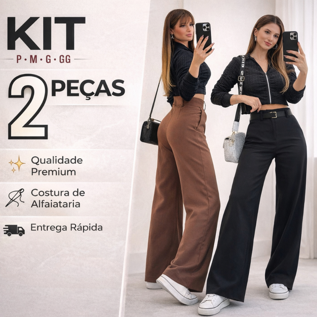 Kit 2 Calças Alfaiataria Premium Cintura Alta com Bolso e Zíper | P ao GG – Promoção