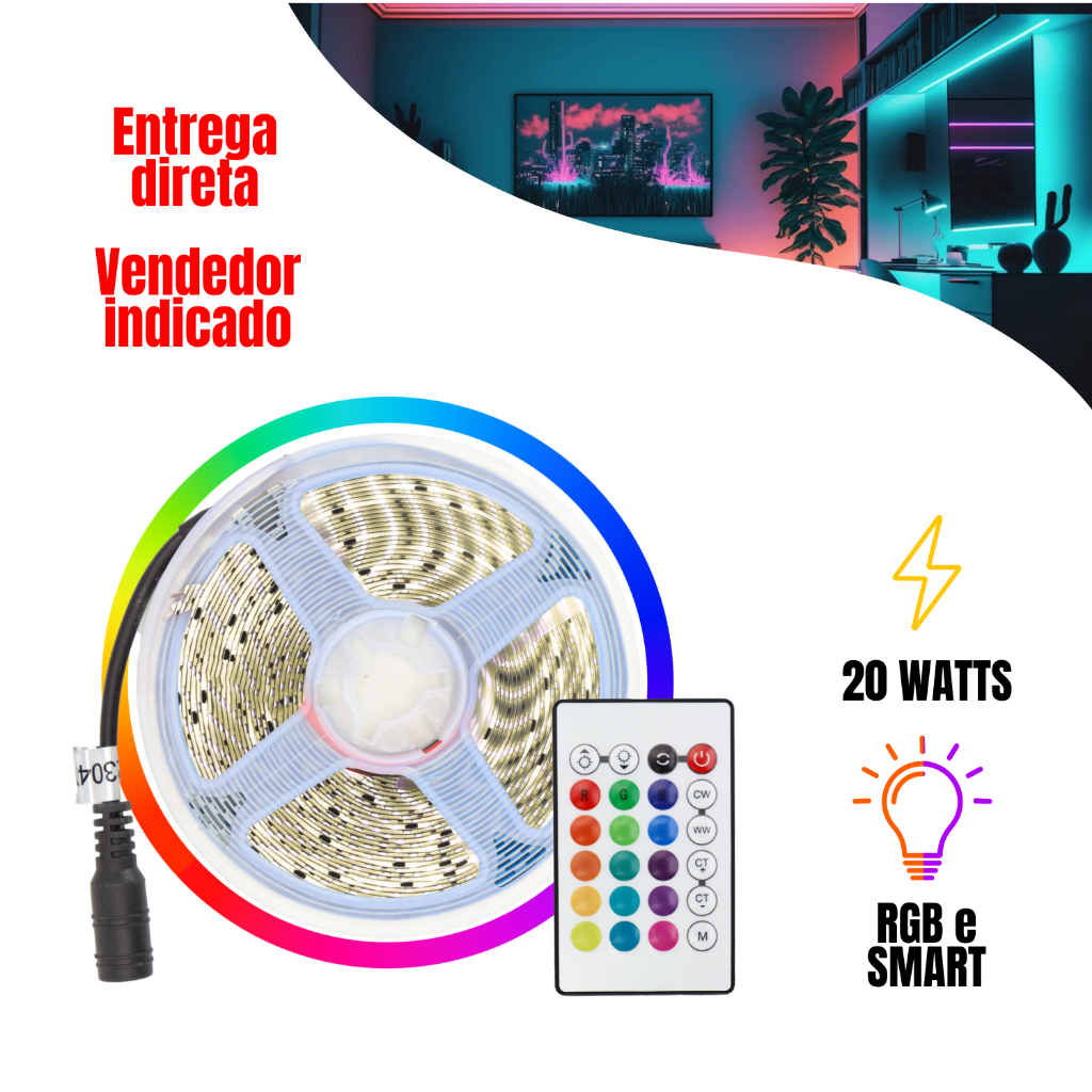 Fita Led Smart RGB 5 metros 20W Wifi Alexa Google Assistente Tuya Inteligente Sincroniza Música TV