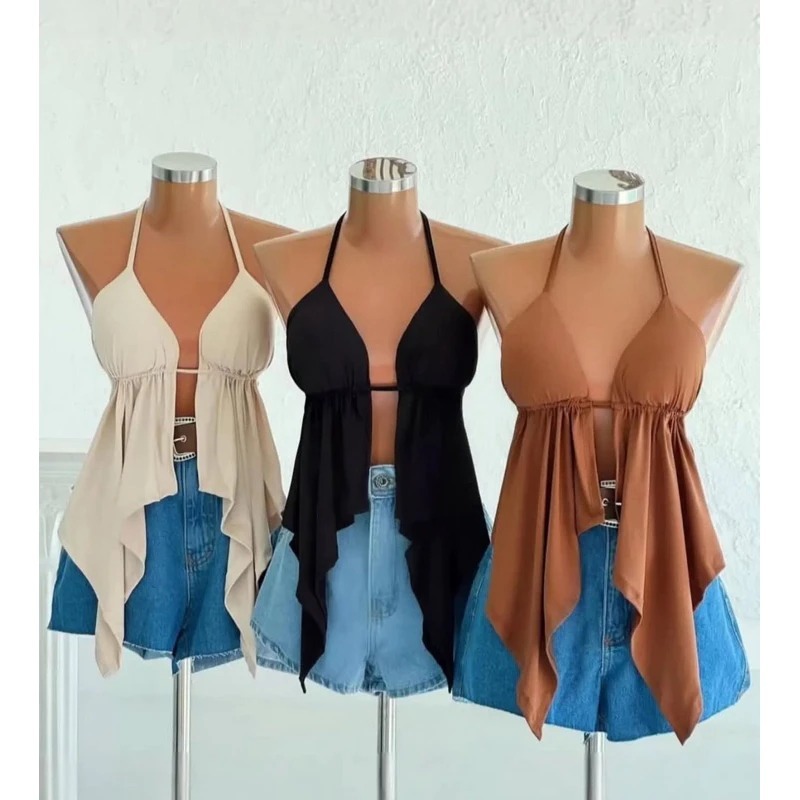 Blusa Cortininha Frente única Malibu Bata babado costas nuas tendência moda Cropped