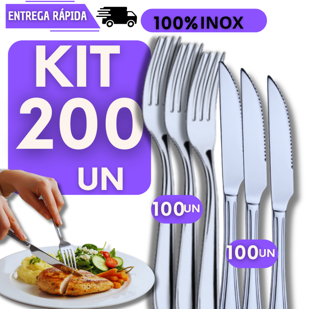 KIT 200 Garfo e Faca Inox 100 Facas 100 Garfos Restaurantes Buffet Cozinha Talheres