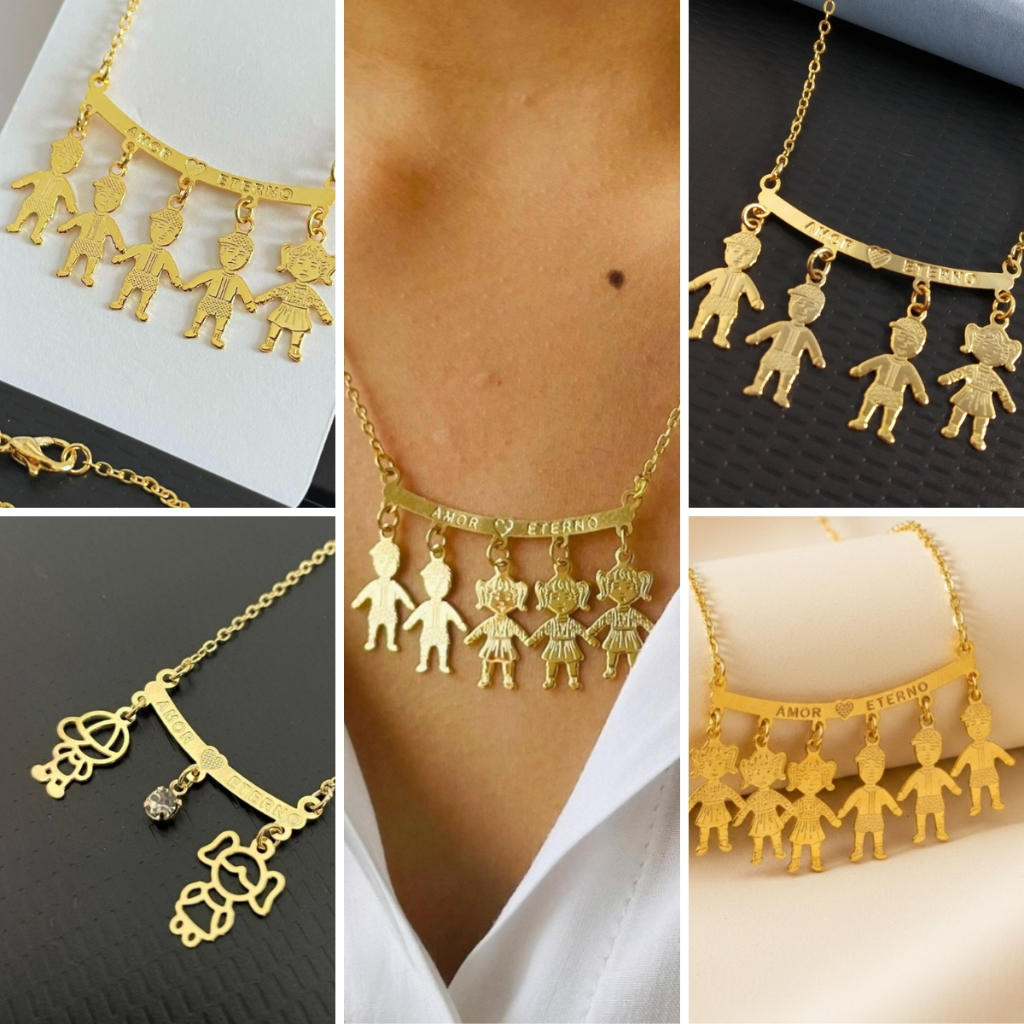 Colar Folheado A Ouro 3 Três Meninas 2 Dois Meninos em Oferta na Shopee