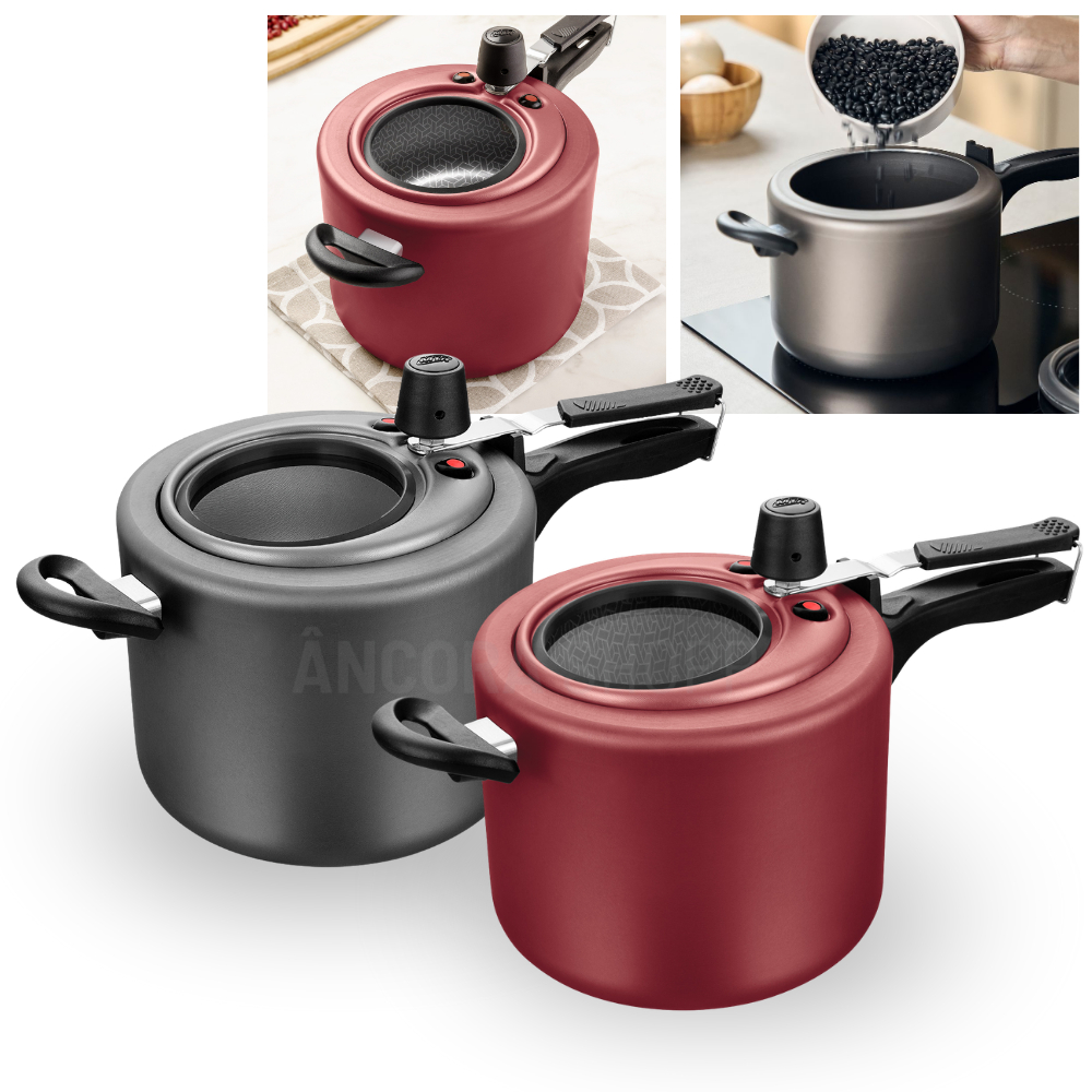 Panela de Pressão 4,5L Antiaderente com Visor de Vidro na Tampa Superior Grande Grafite/Cereja MTA em Oferta na Shopee