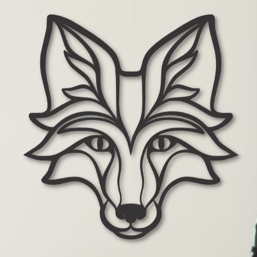 Placa Quadro Decorativo Raposa Line Face Madeira MDF Com Fita Dupla Face Adesiva Preto Fosco