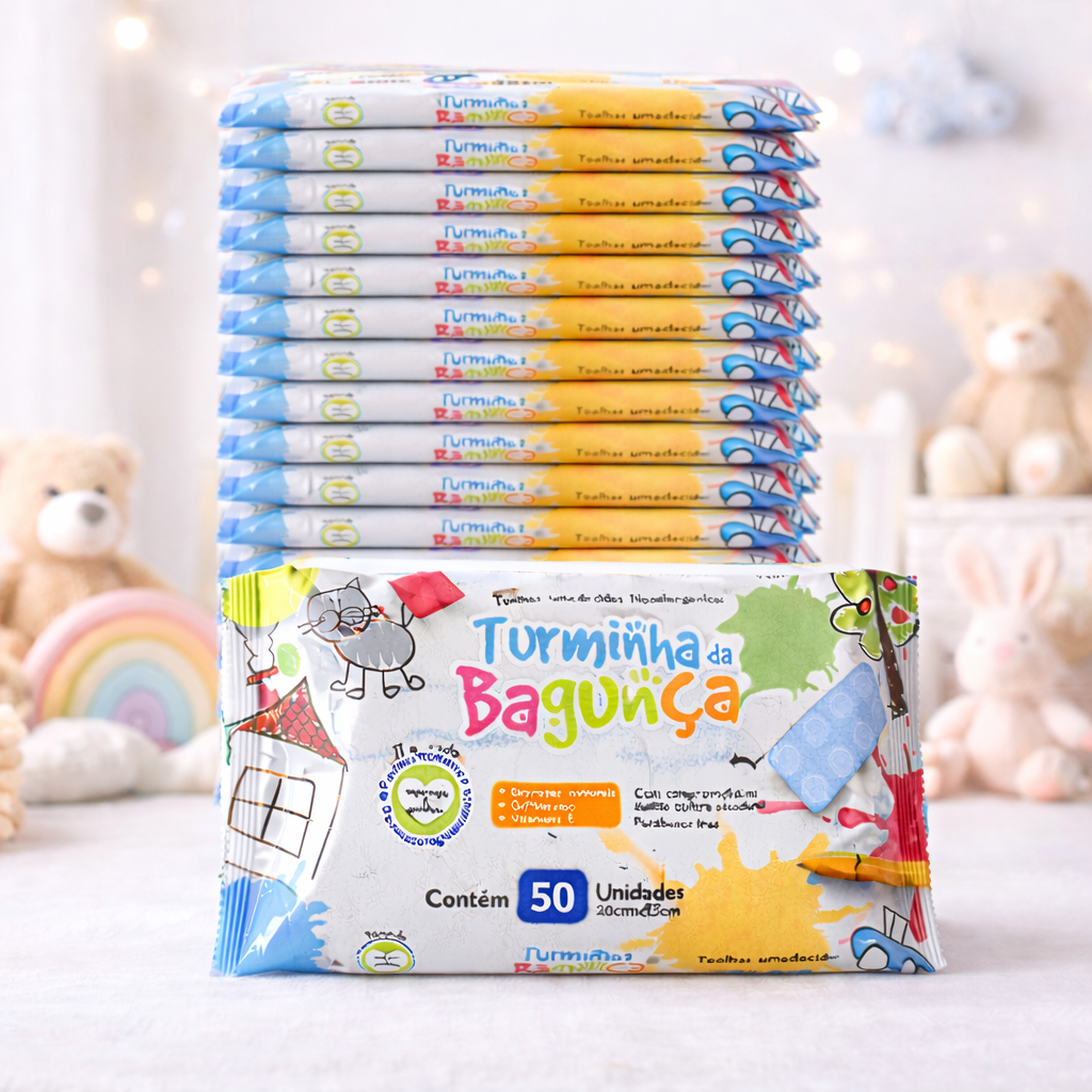 Kit 15 Pacotes Toalhas Umedecidas TURMINHA DA BAGUNÇA - 50 Folhas 20x13 cm - 98% Água