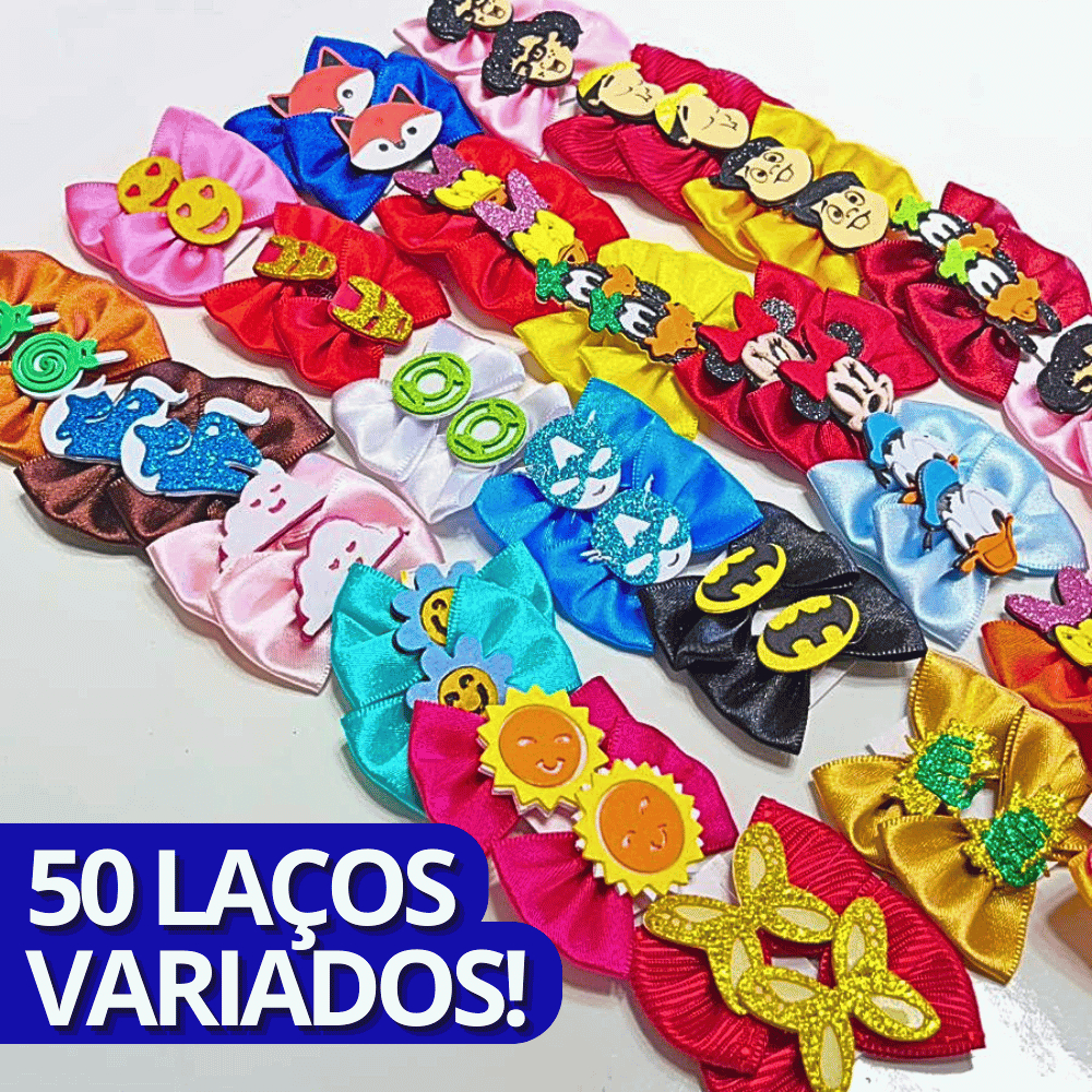 Laços Pet Mistos Variados 100/50 unidades Heróis, Mickey, Turma do Chaves, Fofo Glitter Laço Grande