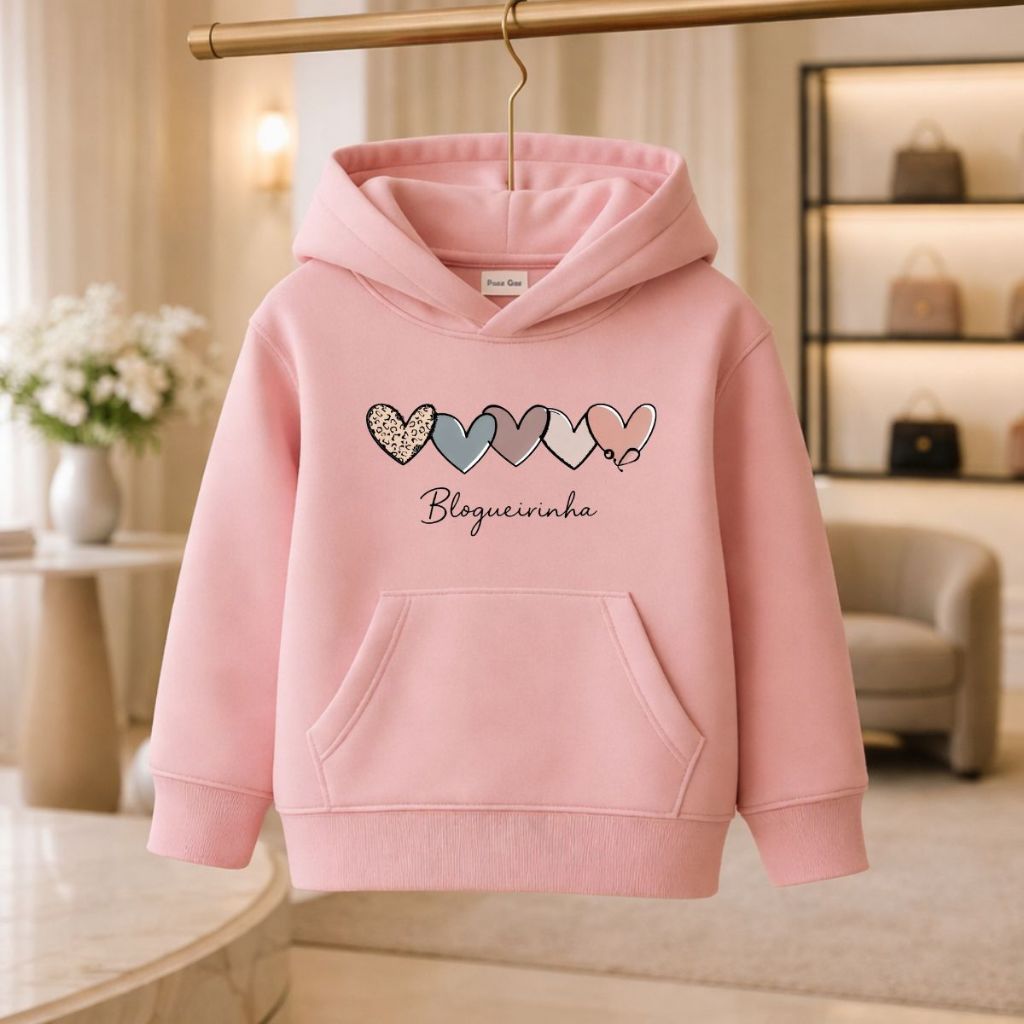 Moletom Infantil E Juvenil Feminino Flanelado Com Capuz Blogueirinha Coração Delicado Roupa De Frio Inverno Qualidade