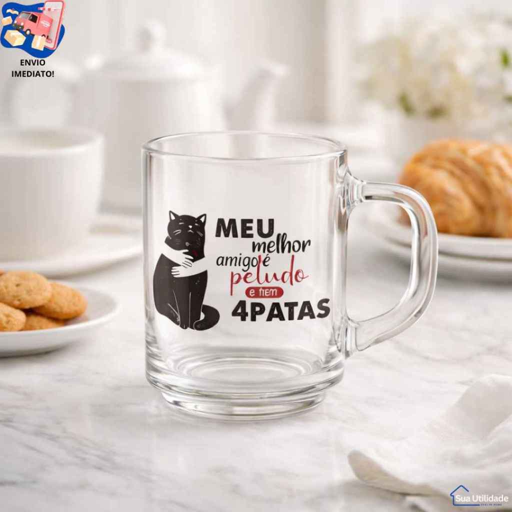 Caneca Gatinho 350 Ml Vidro Premium  Ideal Para Gateiros e Cat Black Lovers Café Leite Chá Gato Preto Presente Barato