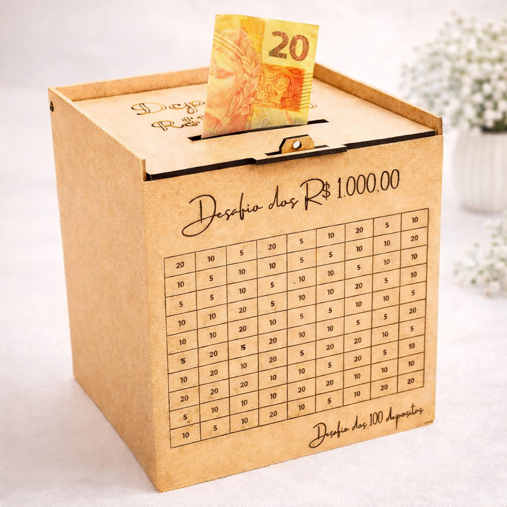 Caixa cofre desafio 1000 reais 100 depósitos poupança moedas cédulas dinheiro mil reais urna M1
