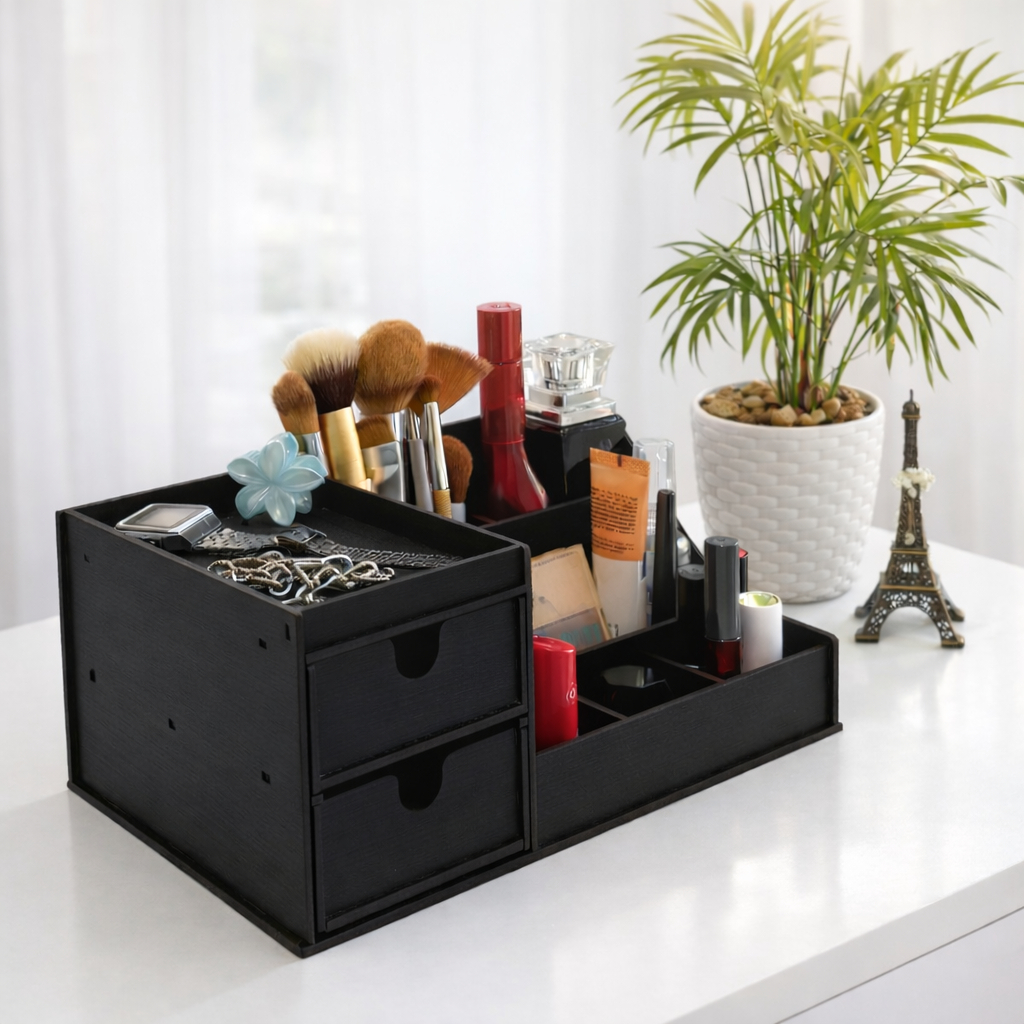 Organizador de Maquiagem-Bijuterias Mdf Compacto Elegante Preto-Tabaco-Cru- Personalisável