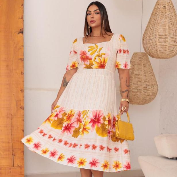VESTIDO MIDI PLUS SIZE MODA FEMININO ESTILO ELEGANTE FORMAL EM VISCOLINHO FLORAL  EM MANGA CURTA BUFANTE em Oferta na Shopee
