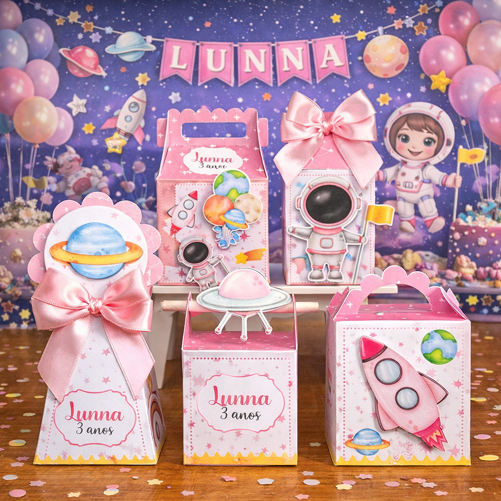 Kit Caixinhas Personalizadas Astronauta Menina | Pegue e Monte | Lembrancinha Aniversário e Festa Infantil