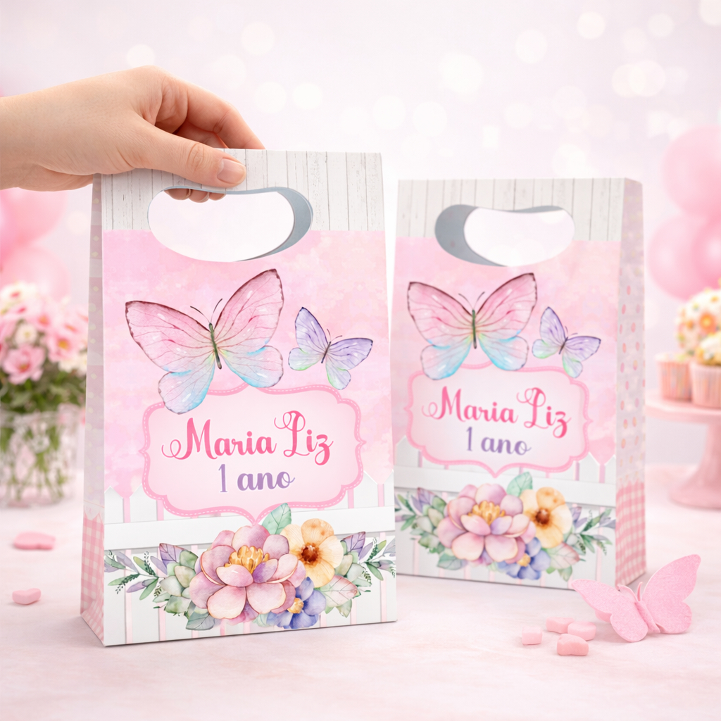 Sacolinha Personalizada Boca de Palhaço tema Jardim das Borboletas | Bolsinha|Sacola|Lembrancinha|Pegue e Monte