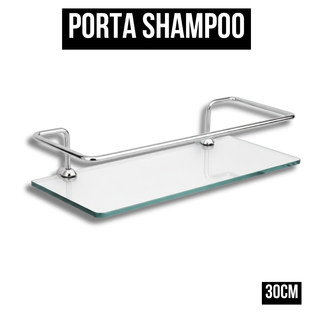 Porta Shampoo Acessório De Banheiro Cromado Vidro Incolor Transparente 30cm Prateleira Luxo Reta + Kit Instalação