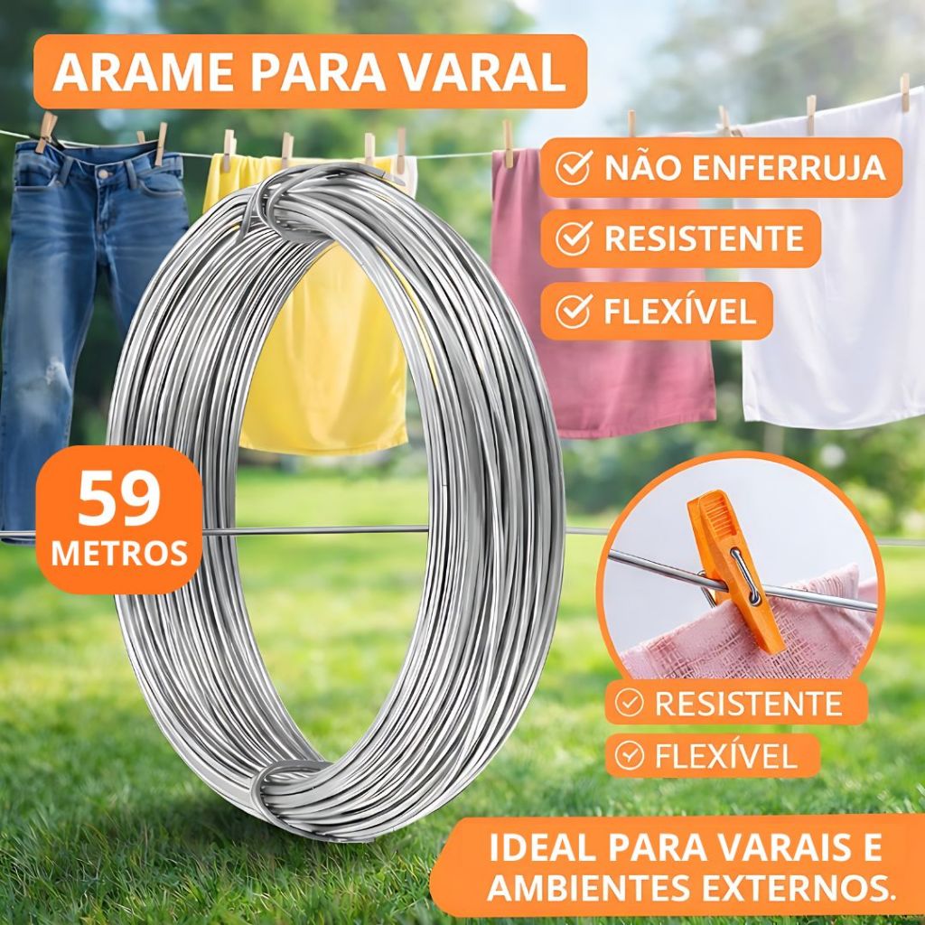Arame Para Varal de Roupas Não Enferruja Galvanizado Resistente e maleável com 59 metros