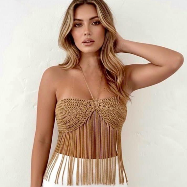 Cropped Feminino Top Brilho Franja Fio Encanto Luxo Em Crochê Artesanal Verão Elegante