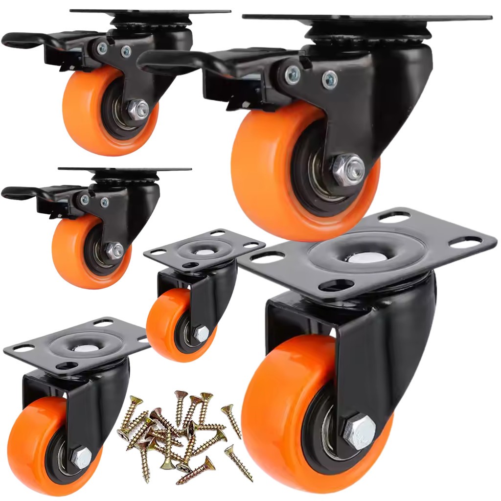Rodas Rodinhas Rodízios Giratórios PVC Com Trava Freio Anti-risco Com Parafusos Kit 6 Unidades 600kg - Laranja 3 C/Trava