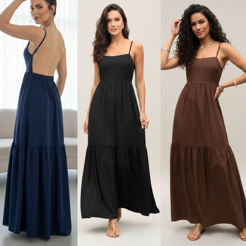 VESTIDO LONGO COSTAS NUAS ALÇINHA COM BABADO VESTIDO SOLTINHO CASUAL E ELEGANTE
