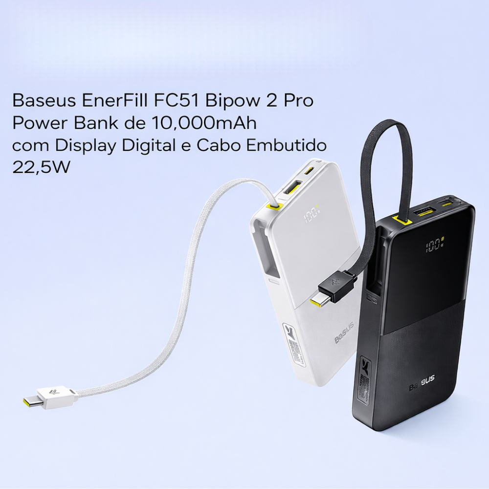 PowerBank Baseus EnerFill FC51 10000mAh 22.5W Display Digital Cabo Embutido USB-C Compacta em Oferta na Shopee
