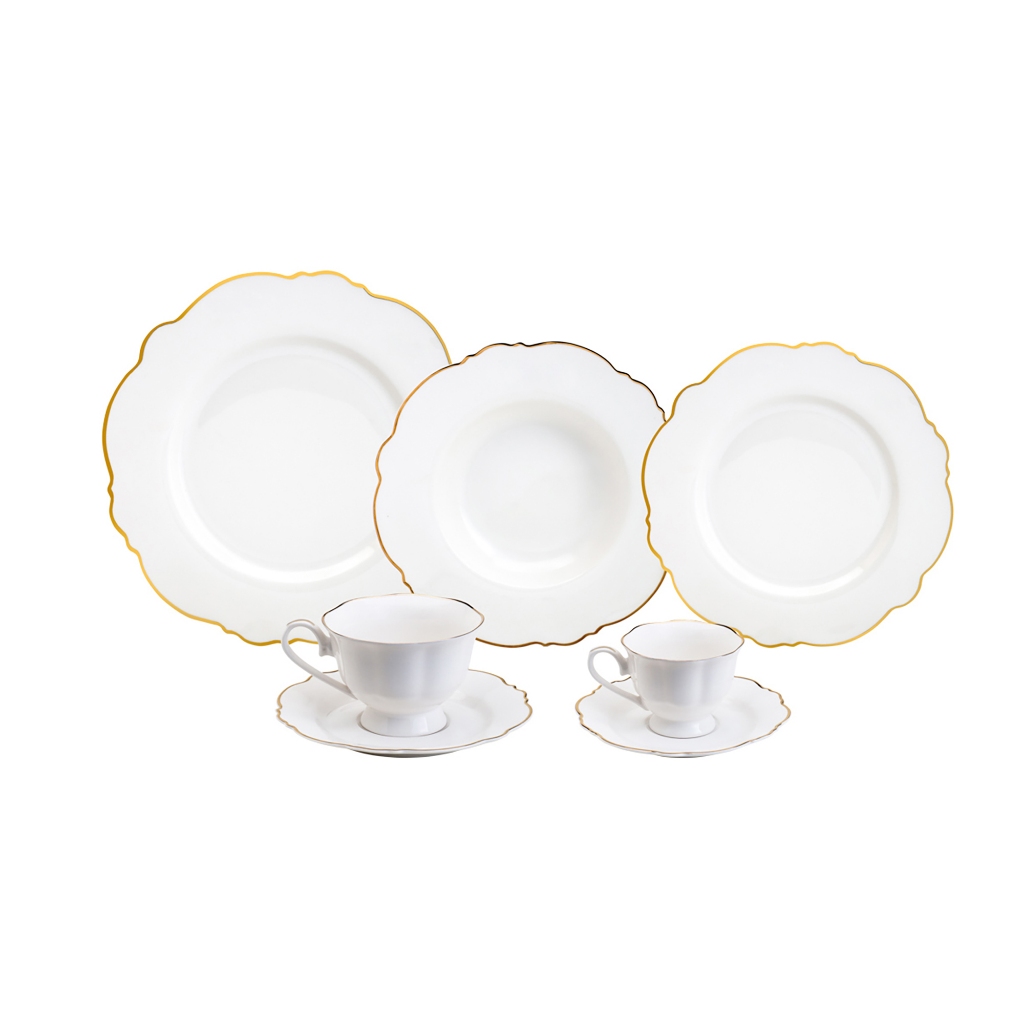 Aparelho de Jantar 42 Peças de Porcelana Maldivas Branco com Fio de Ouro Wolff Qualidade e Beleza em Cada Detalhe