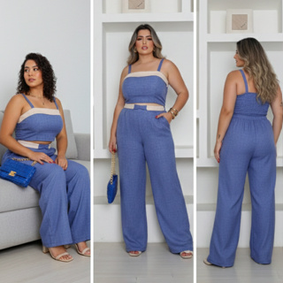 Conjunto Plus Size Feminino Calça Com Cropped Tecido Duna Linho Elástico Na Cintura E lastex Nas costas em Oferta na Shopee