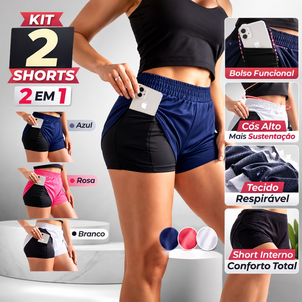 Kit 2 Shorts Feminino Dry Duplo 2 em 1 com Camada de Compressão - Conforto quem pratica Esportes em Oferta na Shopee