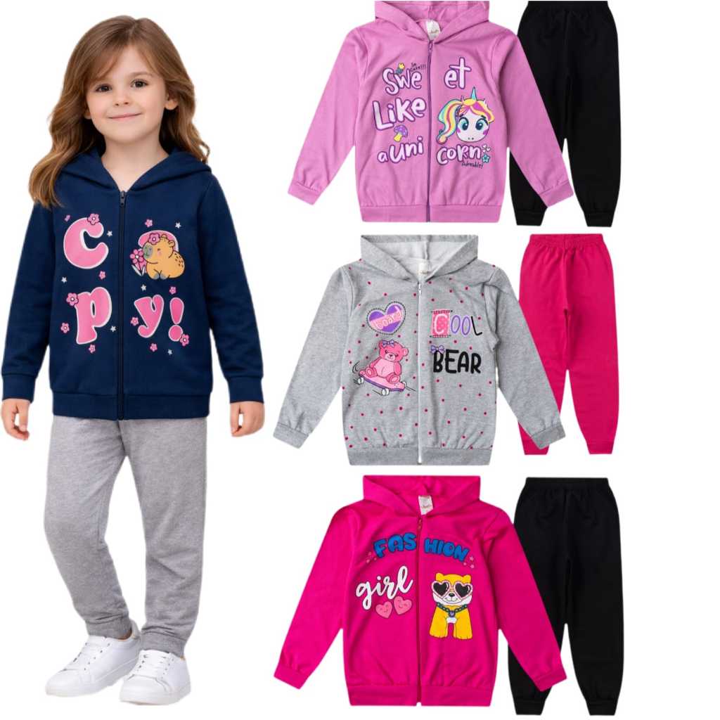 Kit 2 Peças de Moletom Infantil Menina Roupa Menina Inverno 2 Peças - 1 Jaqueta e 1 Calça com Estampas Adoráveis em Oferta na Shopee